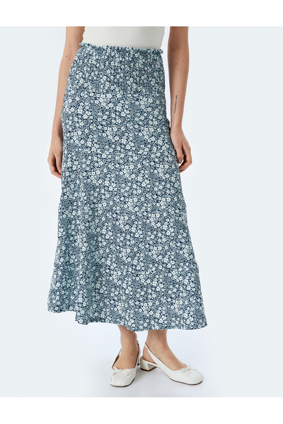 Koton Floral Patterned Midi Skirt - High Waist Elastic Twist