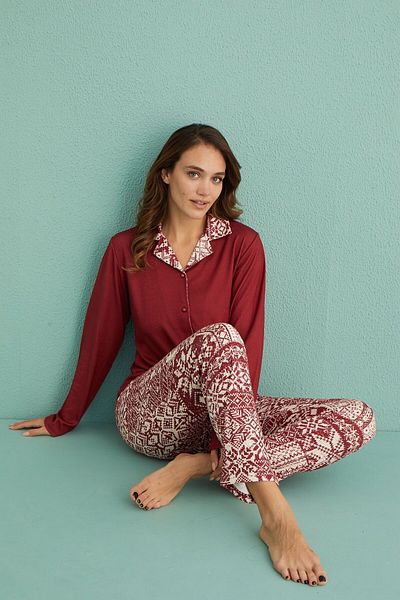 Elit Burgundy Ethnic Pattern Thermal Winter Pajamas Set - Front Button and Gift Dowry