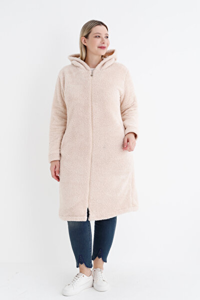 İntensive Women's Plus Size Long-Sleeved Pocket Hooded Plush Long Cardigan