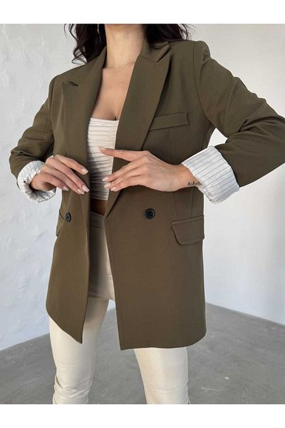 MYGİYİMİSTANBUL Blazer Jacket Women-Button Detail Striped Inner Lining Blazer Jacket