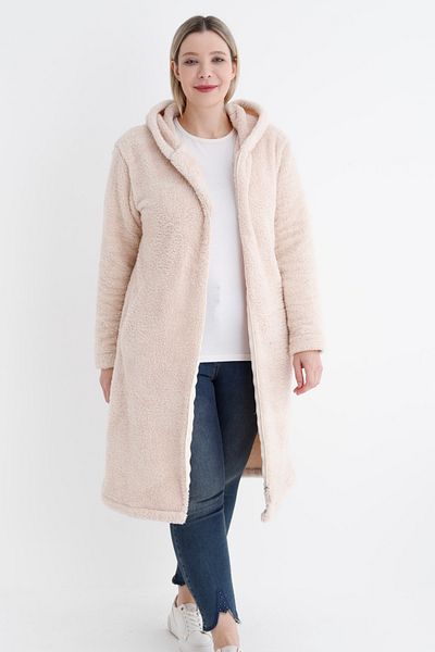 İntensive Women's Plus Size Long-Sleeved Pocket Hooded Plush Long Cardigan