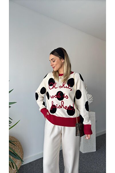 Robin Fredo Kırmızı Nakış Yazılı Tasarım Triko Kazak