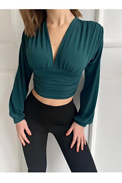 SİA LESS Kadın Likralı Micro Kumaş Body Balon Uzun Kol Crop Göğüs Dekolteli Z...