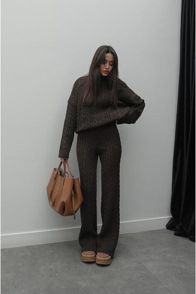 128ve980 Women's Scarf Pants Brown Knitwear Bottom Top Set