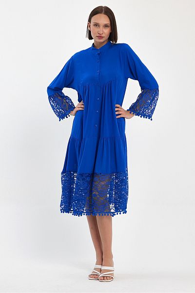 Denismoda Rochie midi pentru femei, cu mâneci și tiv, cu guler de judecător, cu detaliu din dantelă