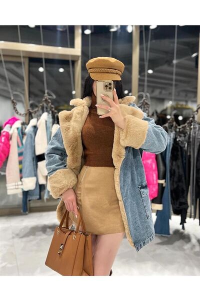 SAGİ JEANS Leksa Uzun Içi Kürklü Kot Mont, Denim Uzun Kürklü Mont, Kot Mont