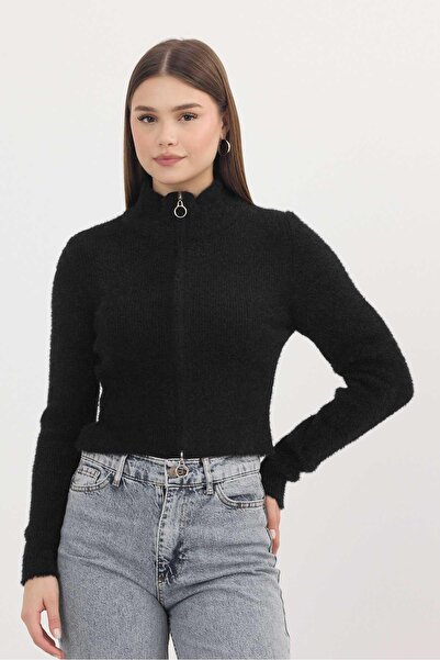 Rays Cardigan scurt și moale cu fermoar model 6806 negru