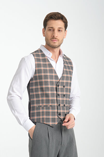 Frappoli Черно-горчичен кариран елек с V-образно деколте и двойно закопчаване, слим крой