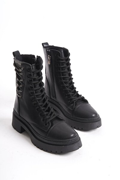 CZ London Kadın Kalın Taban Günlük Bot Şık Simli Taş Bağcık Detaylı Fermuarlı Bot