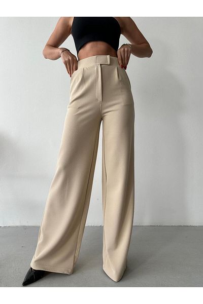 ZEYNEP RANA Women's Licrated Cirt Closure Palazzo Pants Bol Legs High Waist Pants