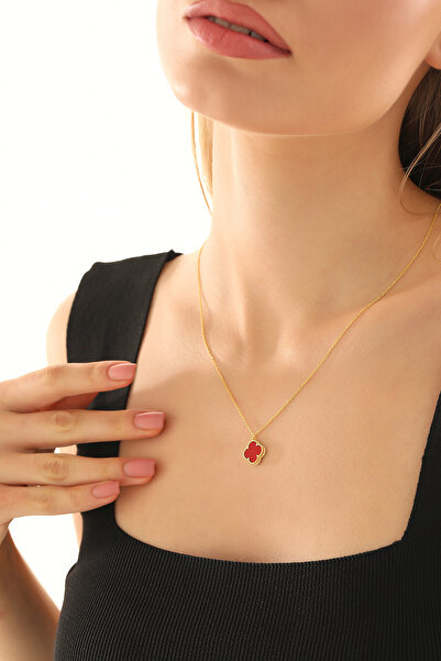 AcestesDesign Yonca Şans Model Kırmızı Taşlı 14 Ayar Altın Kaplama (10 mm) 92...