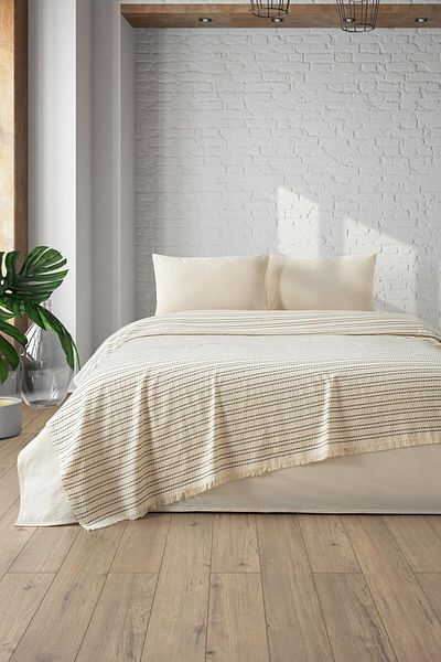 Denizli Concept Gray Striped Loom Pique - 100% Cotton Soft Bedspread - Multi-Purpose Model