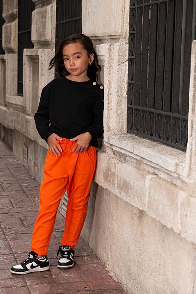for you kids Set of 2 Orange Gabardine Pants with Shoulder Buttons and Ruffled Waist