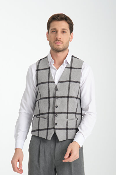 Frappoli Ekose Desenli V Yaka Yelek Slim Fit