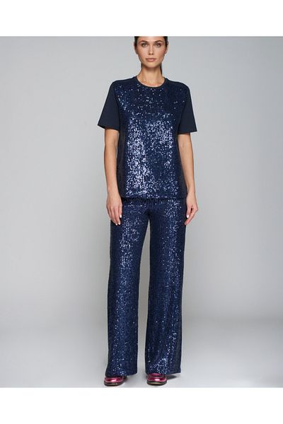 AYSİ COLLECTİON Elastic Waist and Sequined Design Loose Trousers Navy Blue