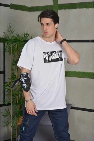 modaserdem Λευκό μπλουζάκι Unisex Oversize με στάμπα με λαιμόκοψη