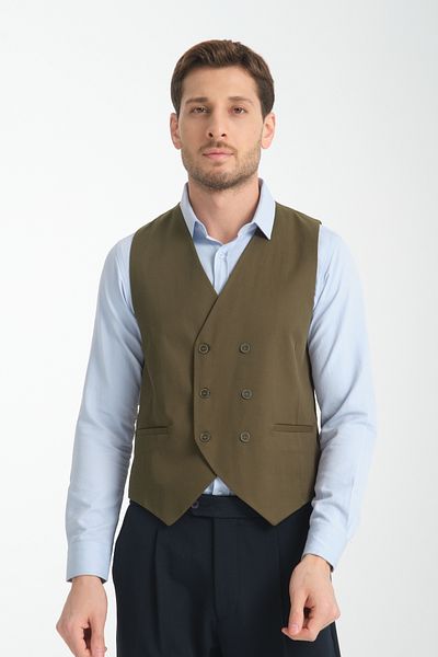 Frappoli Khaki Double Breasted V-Neck Plain Vest Slim Fit