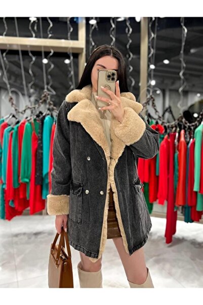 SAGİ JEANS Leksa Uzun Içi Kürklü Kot Mont, Denim Uzun Kürklü Mont, Kot Mont
