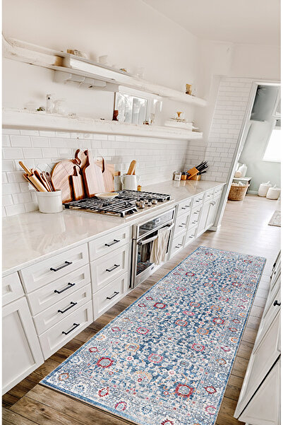 BigArts Home Mavi Vintage Etnik Desenli Salon Mutfak Kilim Kaymaz Tabanlı Yol...