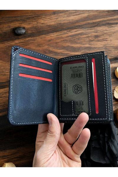 Sarhans Store Carlino Men's Upright Stripe Vinex Denim Wallet with 18 Card Compartments Double Paper Coin Compartments