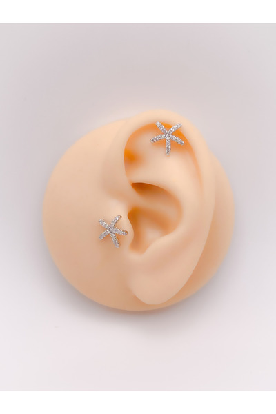 Trinos Cerrahi Çelik Piercing Zirkon Taşlı Deniz Yıldızı Figürlü Kıkırdak Hel...