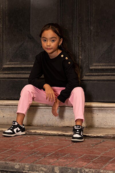 for you kids Set of 2 Pink Gabardine Pants with Shoulder Buttons and Ruffled Waist