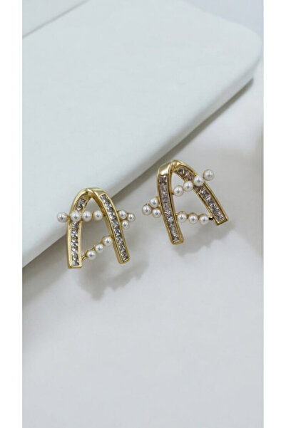 Yaseminli Butik Xupıng A-Shaped Pearl Stone Gold Earrings