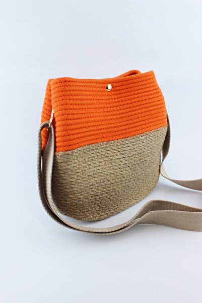 İLKYAZ Жіноча сумка через плече з застібкою-кнопкою, помаранчева, плетена, 26x21x11 см (бежева, з ремінцем через плече)