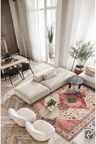 BigArts Home Eskitme Desenli Kırmızı Salon Mutfak Halısı Yuvarlak Halı ve Kay...