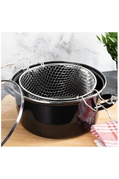 EveFix Cam Kapaklı Şık Tasarımlı Yanmaz Yapışmaz Emaye Fritöz Cips Kızartma T...