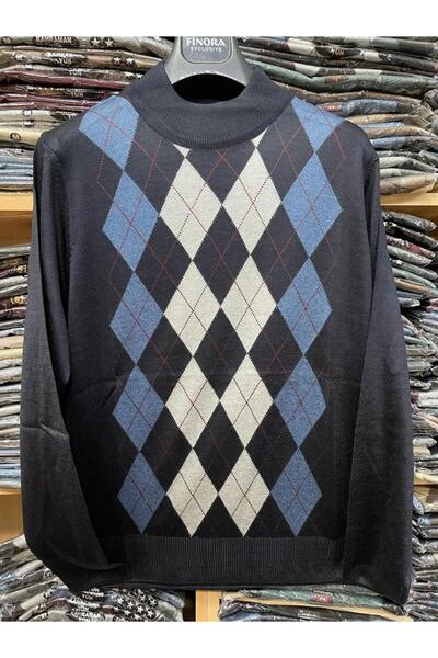 nacar çarşı Ανδρικό πλεκτό πουλόβερ σε μπλε ναυτικό σχέδιο, λεπτό, με μισό ψη...