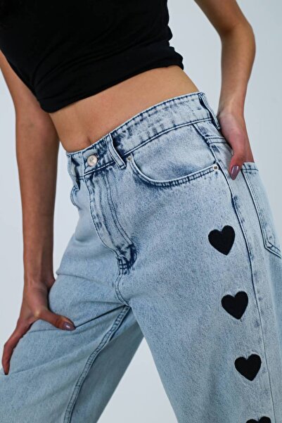 Denim Pantolon Mavi Wideleg Kalp İşlemeli