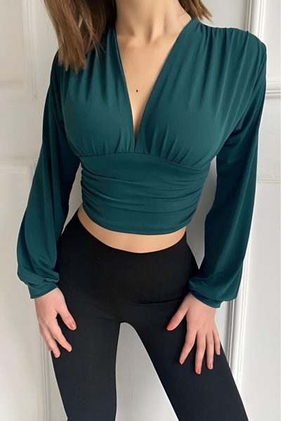 SiaLess Lingerie Дамска блуза в смарагдовозелено с V-образно деколте и набран...