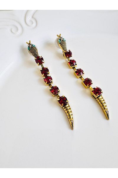DEVİ fashion أقراط متدلية على شكل ثعبان أحمر عتيق مقاس 10 سم