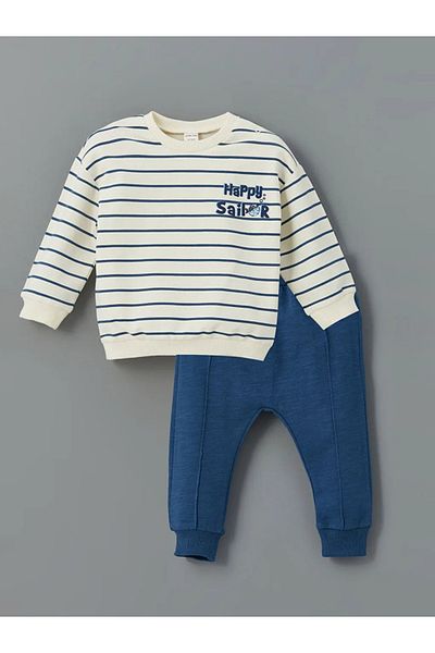 LC Waikiki Lcw Baby Ecru Striped Men's Sweatshirt and Sweatpants - Crew Neck Set of 2