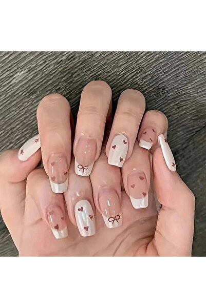 Manicure Women's Heart 24'lü Kalp Kurdele Ve Nokta Baskılı Takma Tırnak Seti