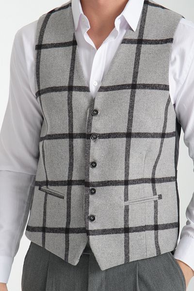 Frappoli Plaid Patterned V-Neck Vest Slim Fit