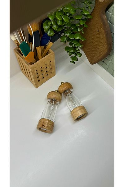 BUCOLIC 2-Piece Rustic Wooden Glass Body Tableware Salt Shaker Pepper Shaker Spice Mill