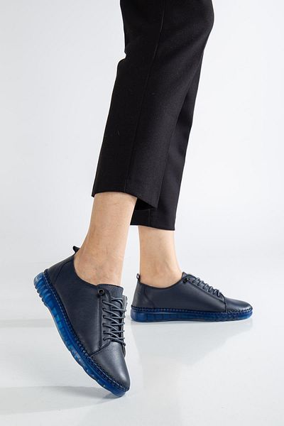 Dilimler Ayakkabı Orthopedic Genuine Leather Women's Shoes - Navy Blue with Clear Sole and Elastic Laces