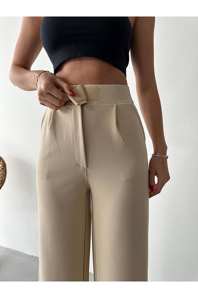 ZEYNEP RANA Women's Licrated Cirt Closure Palazzo Pants Bol Legs High Waist Pants