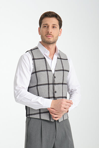 Frappoli Ekose Desenli V Yaka Yelek Slim Fit