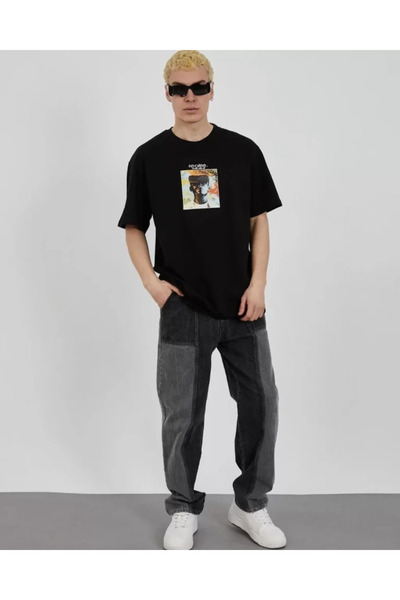 JANES Tricou oversize cu imprimeu unisex cu guler rotund - negru