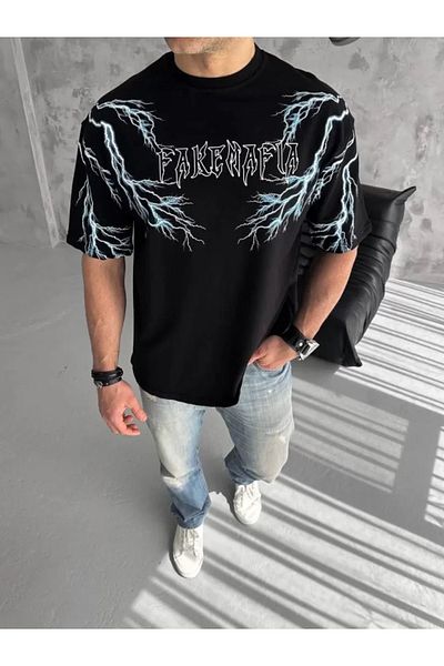 modaserdem Μπλουζάκι Unisex Crew Neck Printed Oversize - Μαύρο