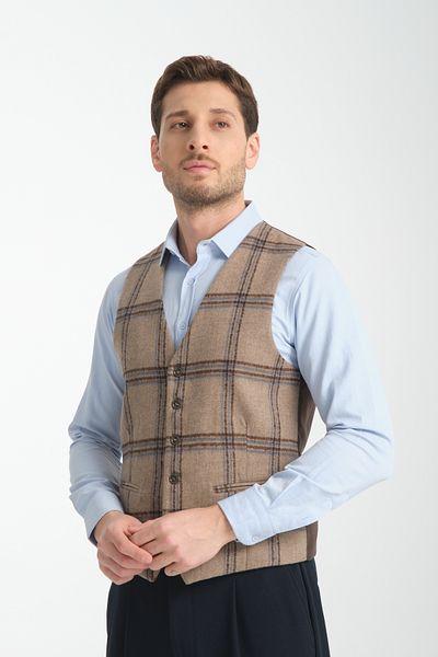 Frappoli Plaid Patterned V-Neck Vest Slim Fit
