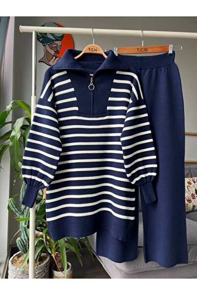 DARLİNG COLLECTİON طقم تريكو مخطط بسحاب