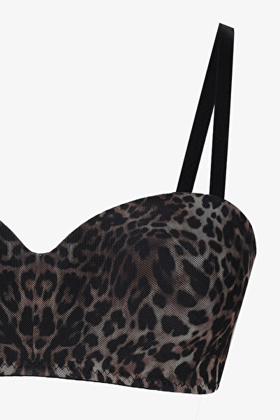 koza iç giyim Kadın Dolgusuz Tül Detaylı Leopar Desenli Toparlayıcı Straplez Sütyen