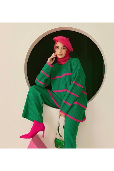 erk giyim Striped Corded Knitwear Suit