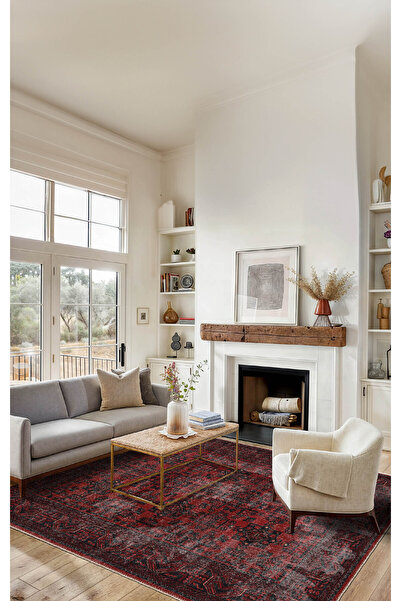 BigArts Home Bordo Soft Pastel Vintage Desenli Salon Halısı, Dokuma Taban Dek...