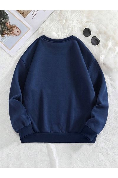 PALPİTO Hanorac oversize cu decolteu rotund cu imprimeu pentru femei, albastru bleumarin