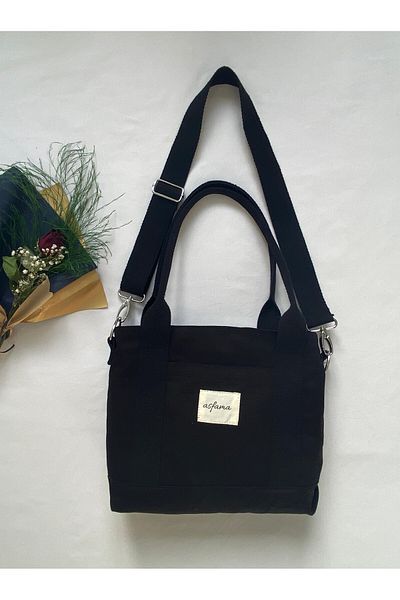 ASFAMA Small Size Black Zippered Canvas Bag Tote Bag with Shoulder Strap